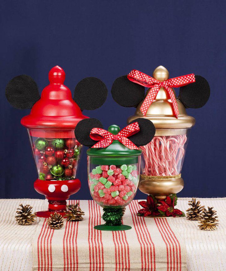 Minnie and Mickey Mouse jar centerpieces on candy table