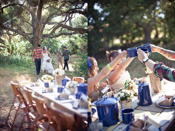 Modern Outdoor Rustic Wedding Table Setting With Blue Tin Dinnerware