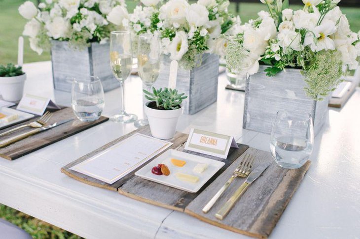 Modern White Rustic Wedding Table Decor With Placemats Made of Salvaged Wood and Wooden Floral Boxes