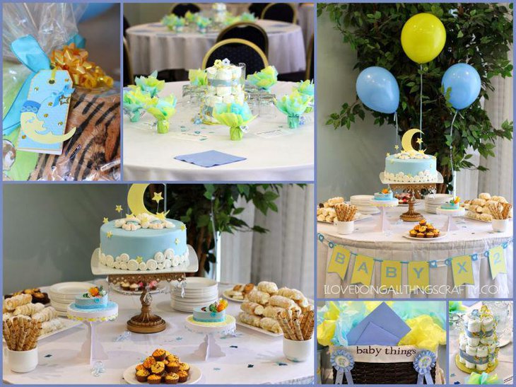 Moon and star themed twin baby shower cake