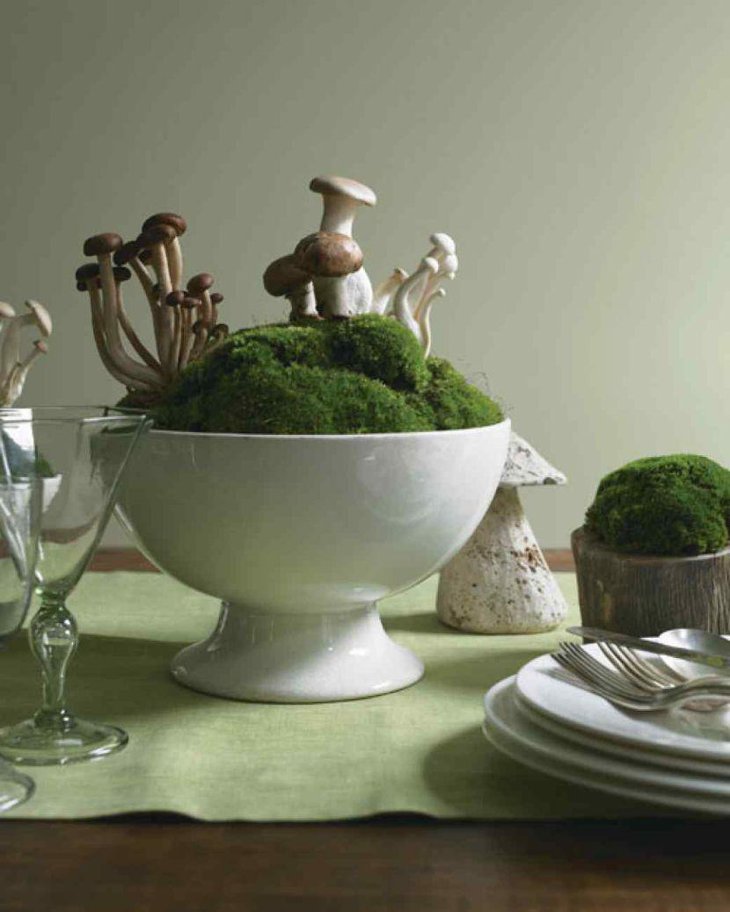 Mushroom and moss spring table centerpiece