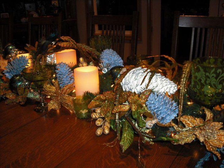 Ornamental Christmas Table Centerpiece With DIY Pinecones Glittery Flowers and Candles