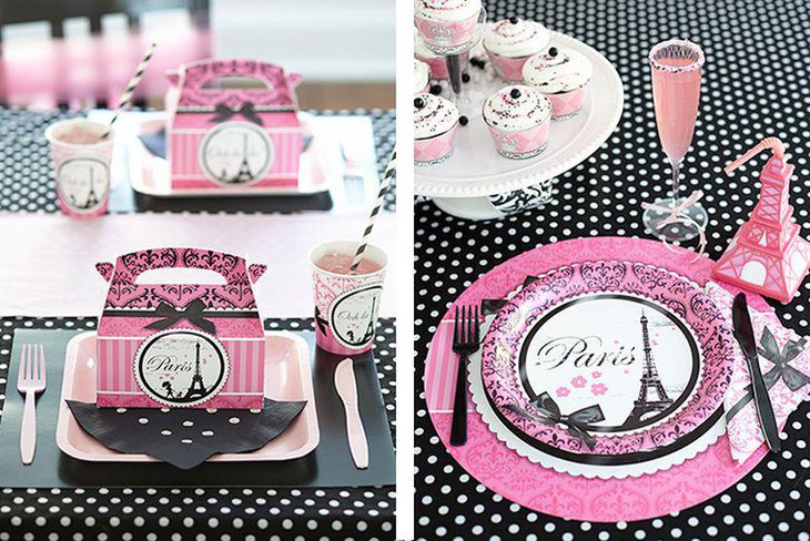 Parisian themed pink and black adult birthday table decor