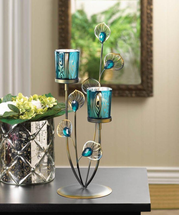 Peacock plume candle tea light holder centerpiece