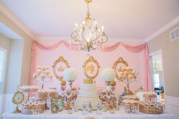Pink and gold European birthday dessert table