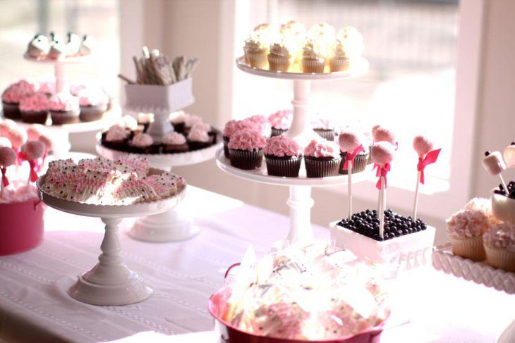 Pink and white bridal shower dessert table decor