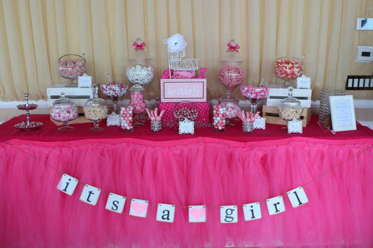 Pink girls baby shower candy tablescape