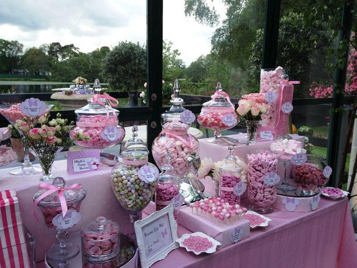 Pink Minnie Mouse candy buffet table decor