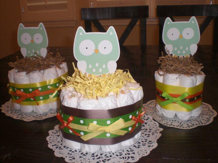Polka dotted owl diaper cake centerpieces