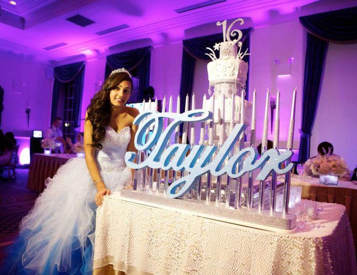 Pretty blue and white accented sweet 16 birthday table
