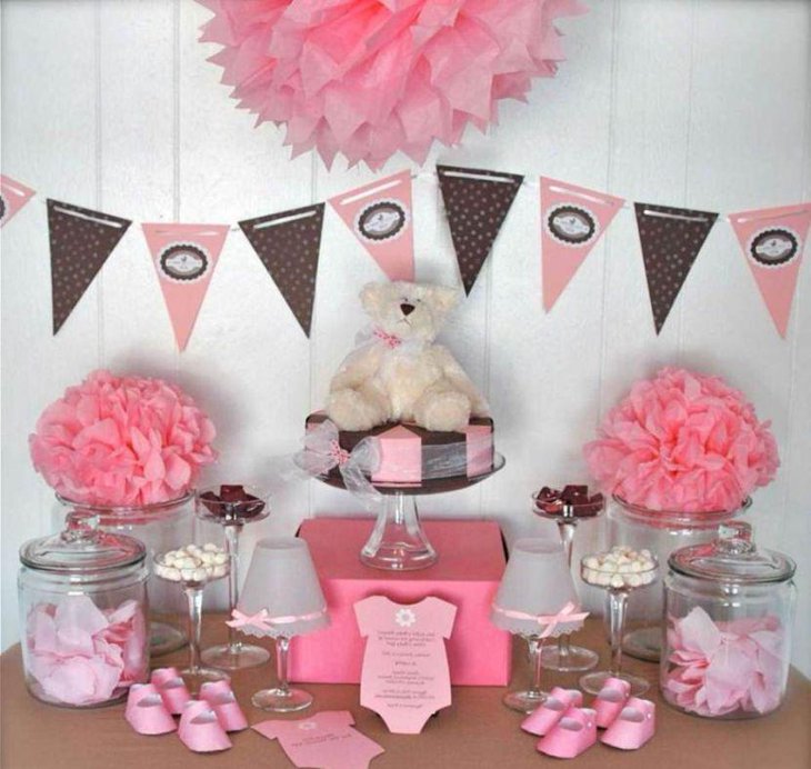 Pretty pink twin baby shower themed table