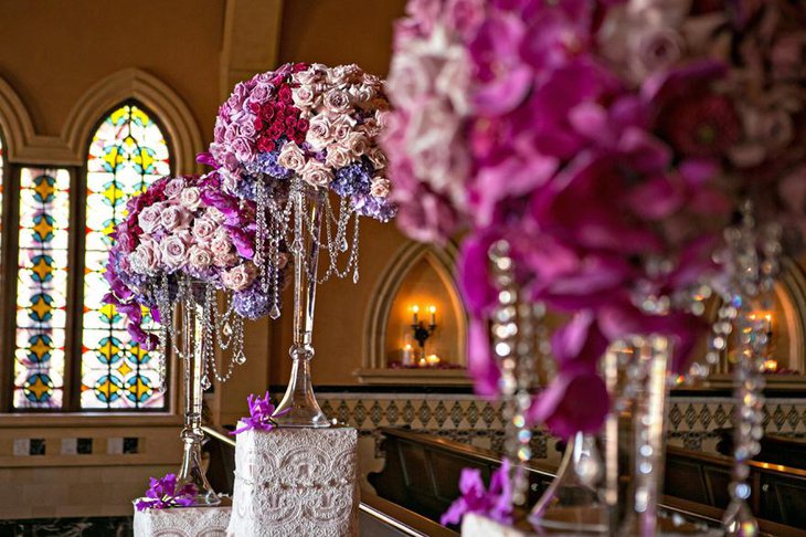 Purple and Pink Flowers with Crystal Centerpiece