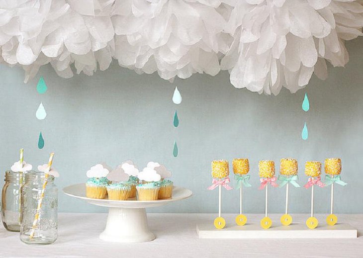 Rainy White Clouds and Yellow Cup Cakes Spring Shower Ideas for Boys