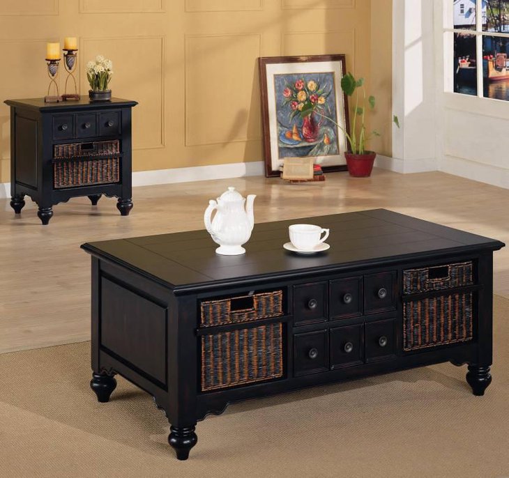Rectangle Black Wooden Coffee Table With Six Small Drawers And Brown Rattan Drawers