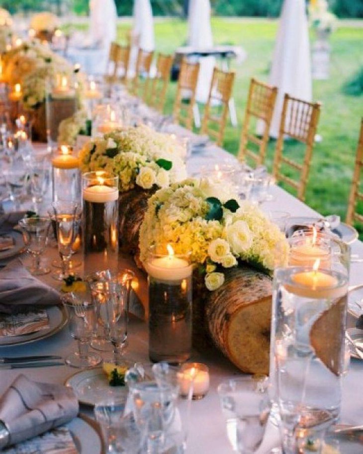 Recycled Log Wedding Table Centerpiece With Flowers