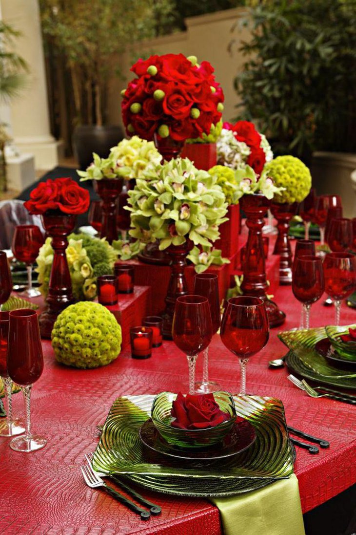 Red and green floral centerpiece for winter table decor