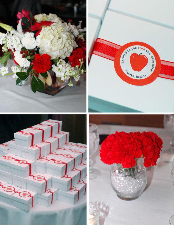 Red and white retirement party favors and decorations
