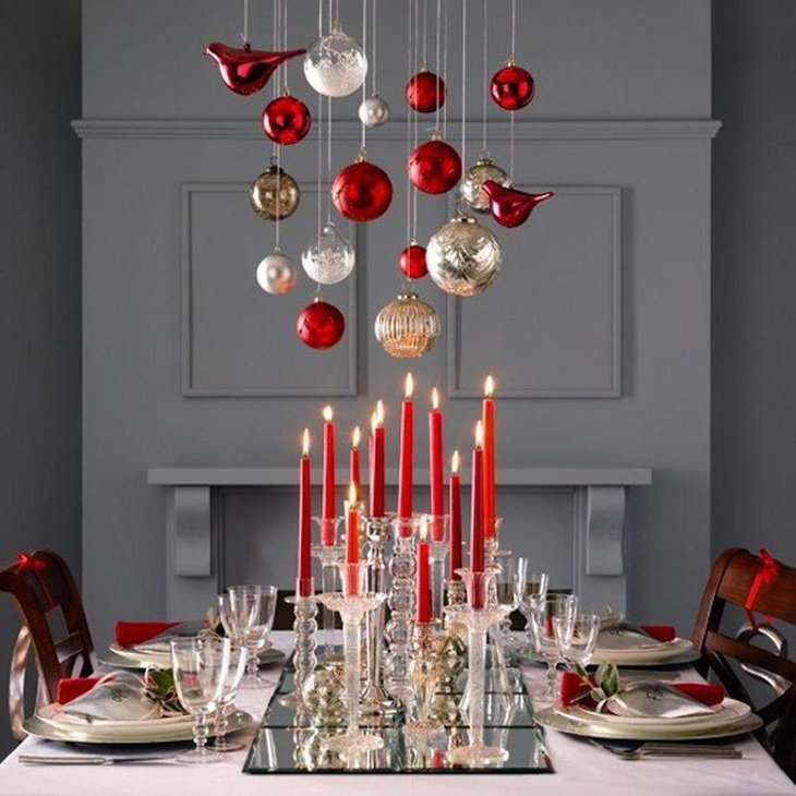 Red Christmas Candle Centerpiece With Red and Silver Glass Ornaments