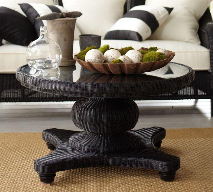 Round modern coffee table decorations with DIY glass jar and moss filled bowl