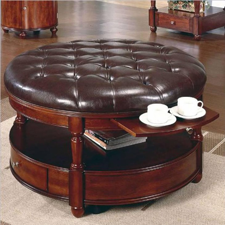 Round Tufted Laminated Leather Coffee Table With Storage