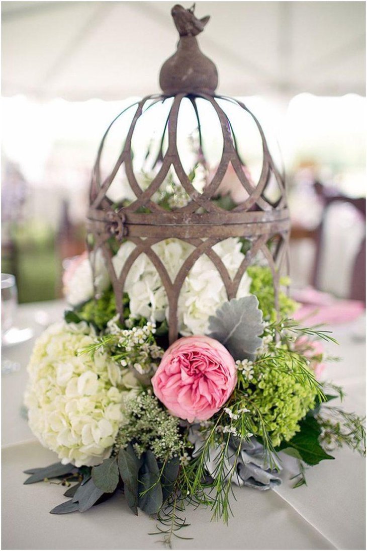 Rustic Birdcage Wedding Table Centerpiece With Flowers and Leaves