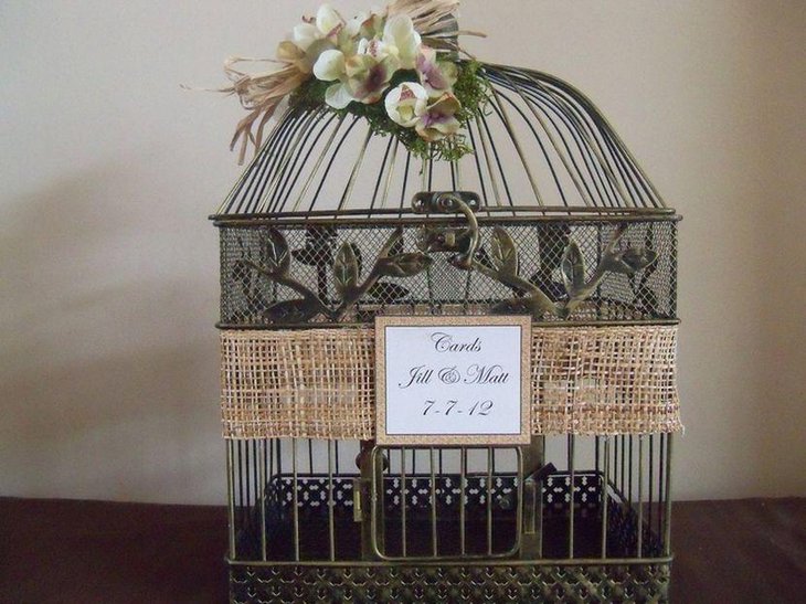 Rustic Birdcage Wrapped With Burlap Wedding Table Centerpiece