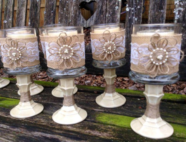 Rustic Candle Holders Wedding Table Centerpieces Wrapped In Burlap and Lace