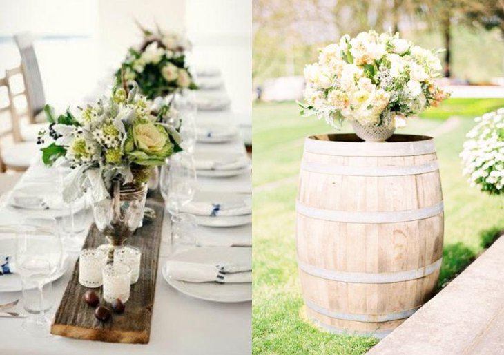 Rustic Chic Wedding Table Setting With Wooden slab and Floral Arrangement