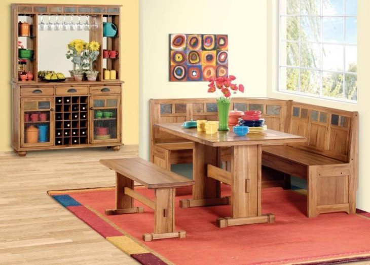 Rustic Sedona Breakfast Nook Set Design With Lacquered Teak Wood Corner Bench