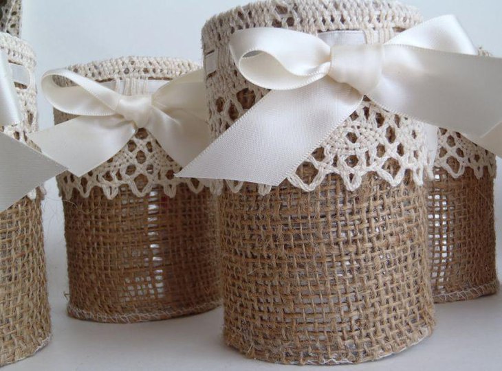 Rustic Wedding Burlap and Lace Vases as Centerpieces