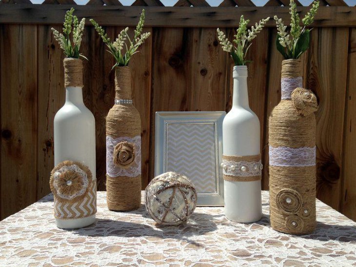 Rustic Wedding Table Decor With Twine Wrapped Wine Bottles