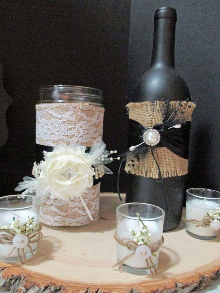 Rustic Wedding Table Decoration With Candle Votives Tied With Twine