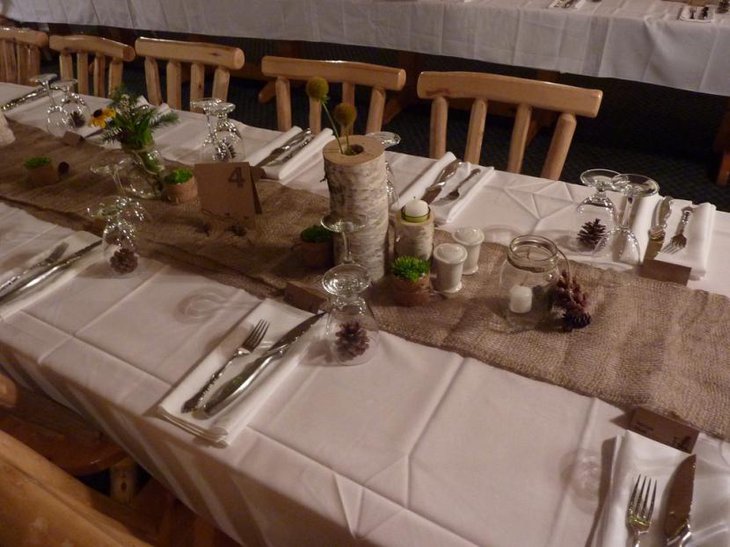 Rustic Wedding Table Ideas with white cover and brown runners