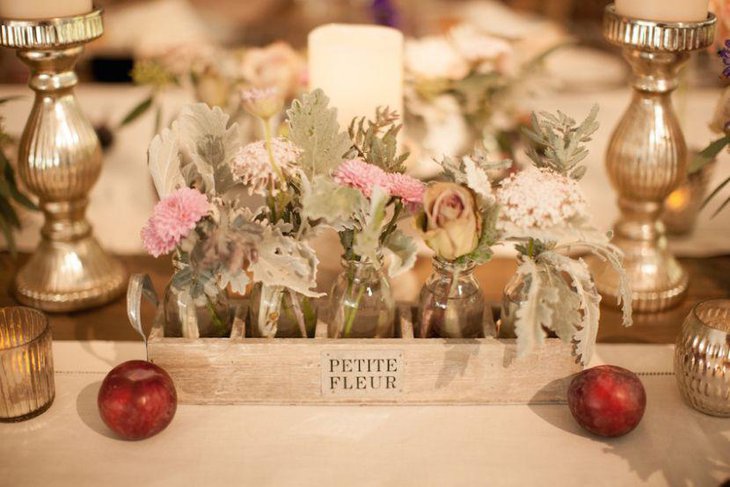Rustic Wedding Table Setting With Wood Box Centerpiece Filled With Glass Floral Vases and Golden candle Holders