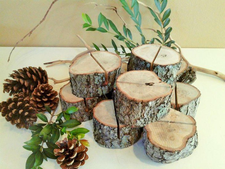 Rustic Wedding Table Setting With Wooden Sliced Logs Plant and Pinecones