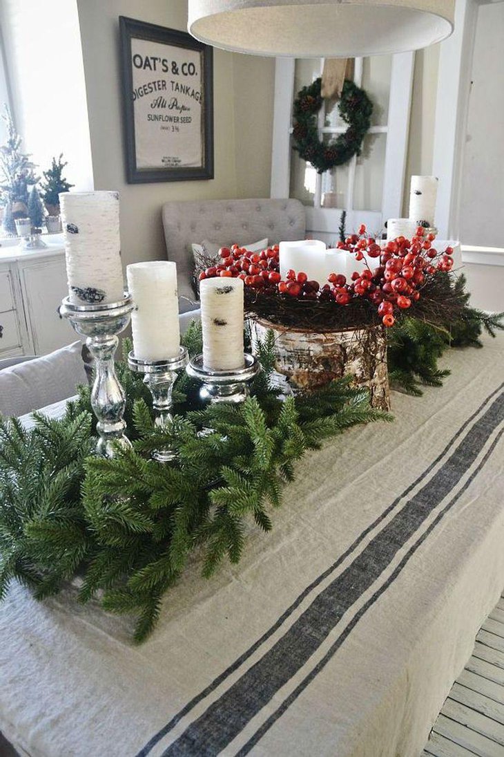 Rustic Wood and Candle Christmas Table Centerpiece With Greens
