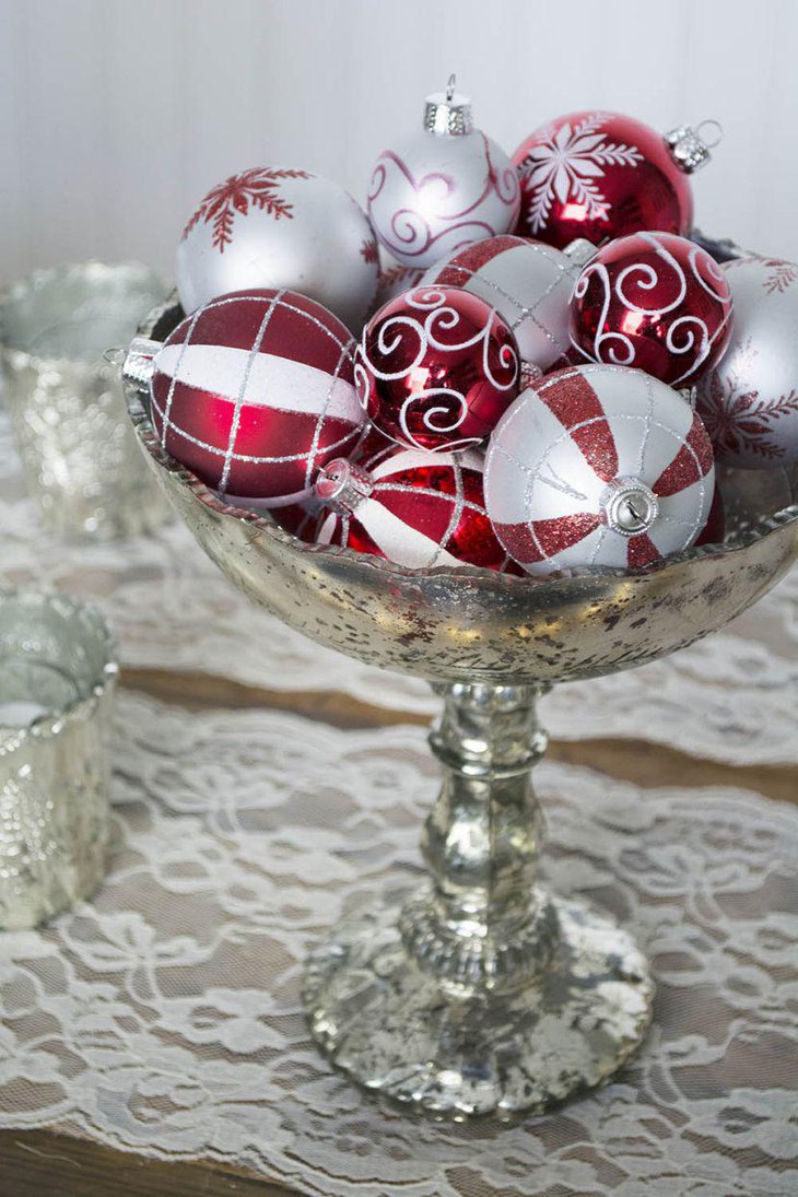 Silver Bowl Christmas Table Centerpiece Filled With Red and Silver Balls