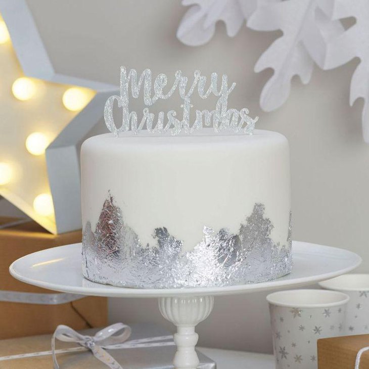 Silver Merry Christmas topped decorative cake