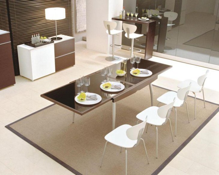 Silver Stainless Steel Expandable Dining Table With Brown Stainless Steel Frame Glass Table Top