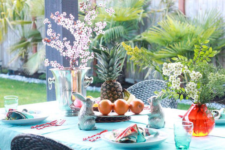 Simple blue dinner table setting for spring season