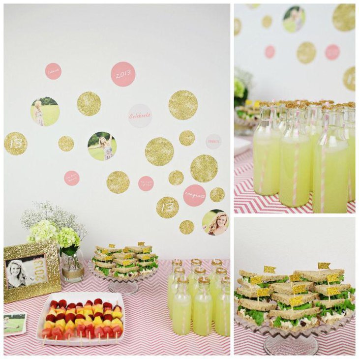 Sparkly photostand and flowers as graduation table centerpieces for girls