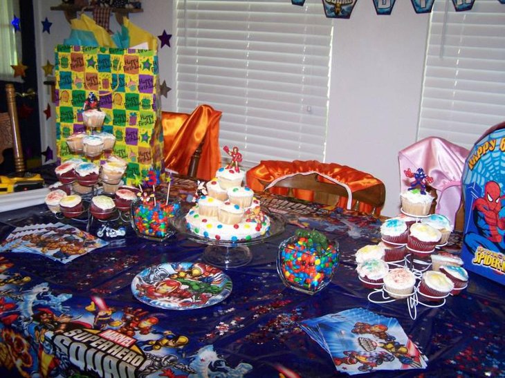 Spiderman Birthday Party Table With Cupcakes And Candies
