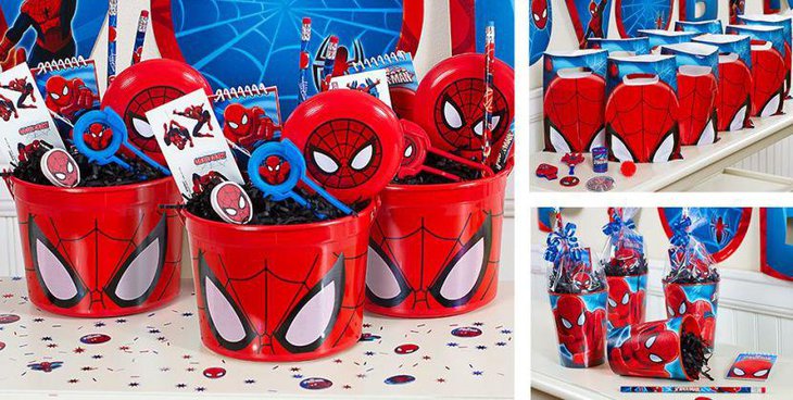 Spiderman birthday party table with party favor buckets