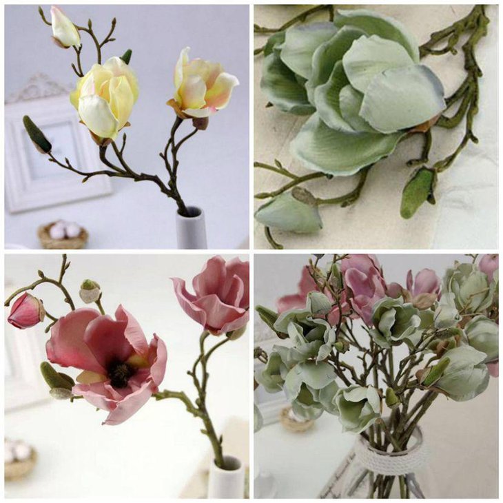 Spring table decor with artificial magnolias