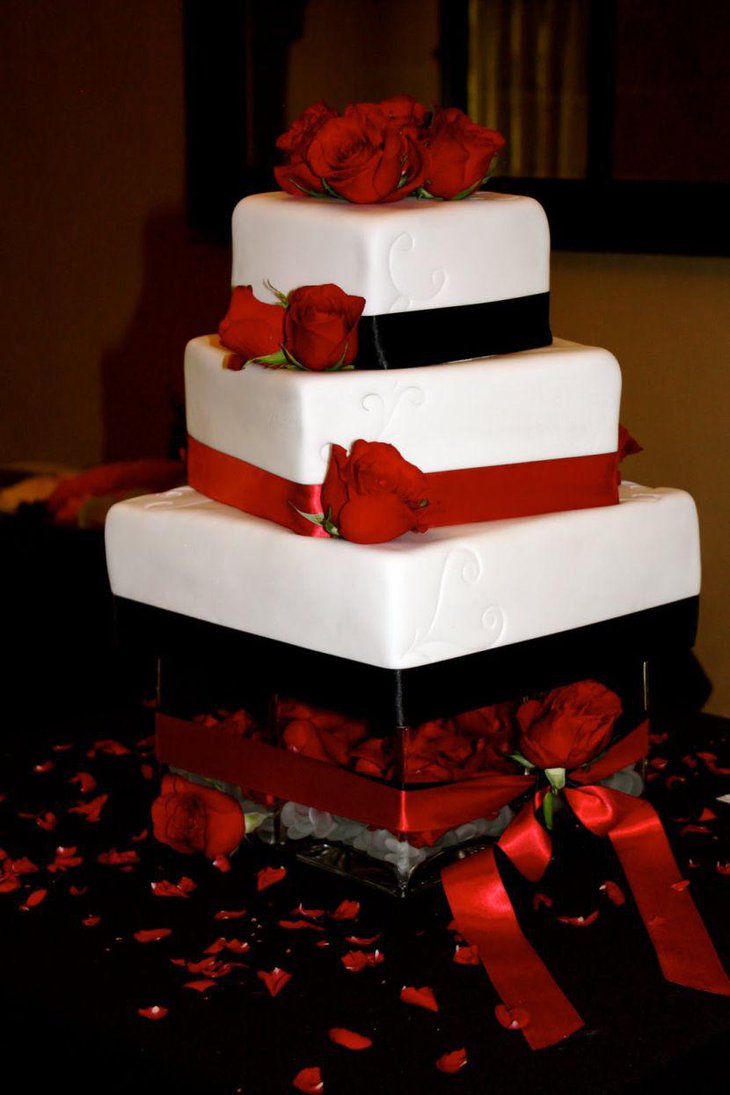Square red and white wedding cake