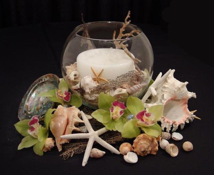 Star fish and shell table centerpiece for a beach theme wedding