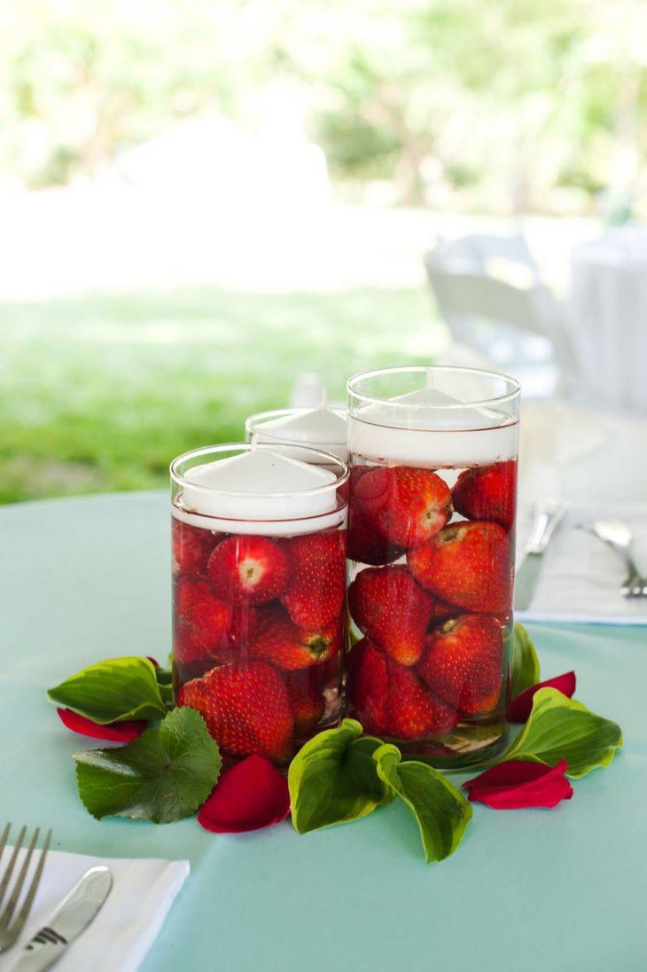 Strawberry candle centerpiece for garden wedding table decor