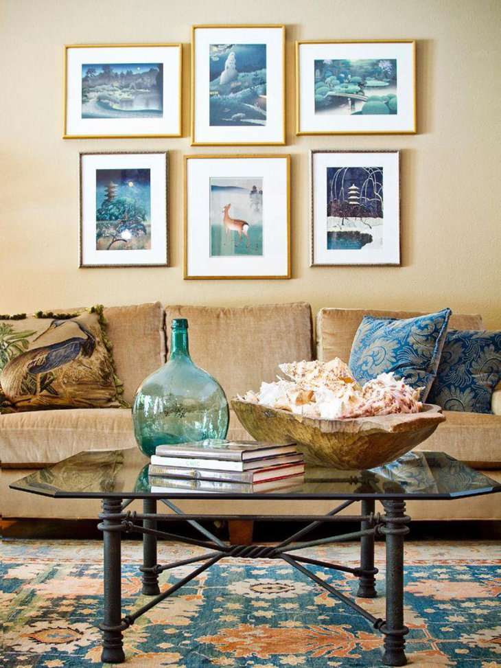 Stunning beach inspired coffee table decor with a basket full of shells