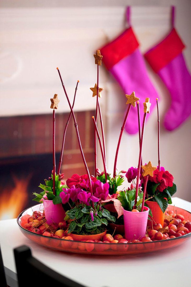 Stunning Christmas Table Centerpiece With Red and Pink Floral Arrangement On Glass Dish