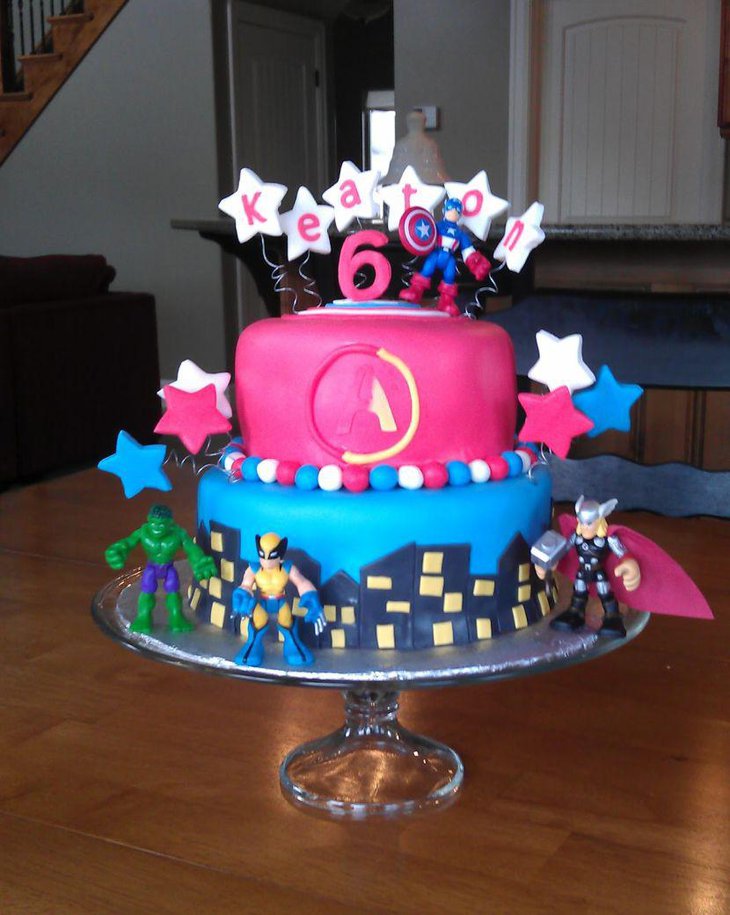 Stunning pink and blue Avengers themed birthday cake for kids